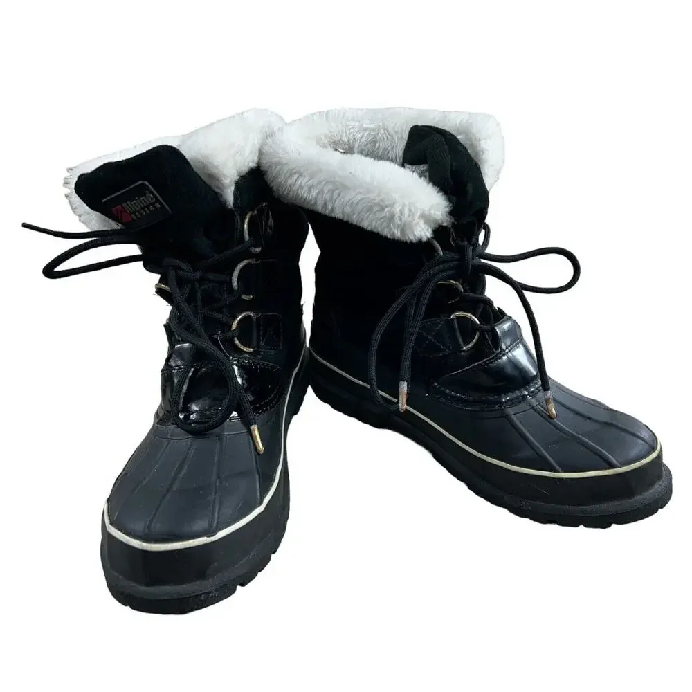 Alpine Design Black Leather Duck Boots Women’s Sz 9 Winter 7068-BLK Aspen Fur